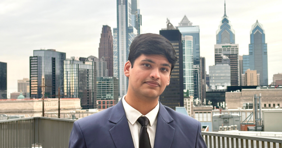 Varun in front of Philadelphia skyline